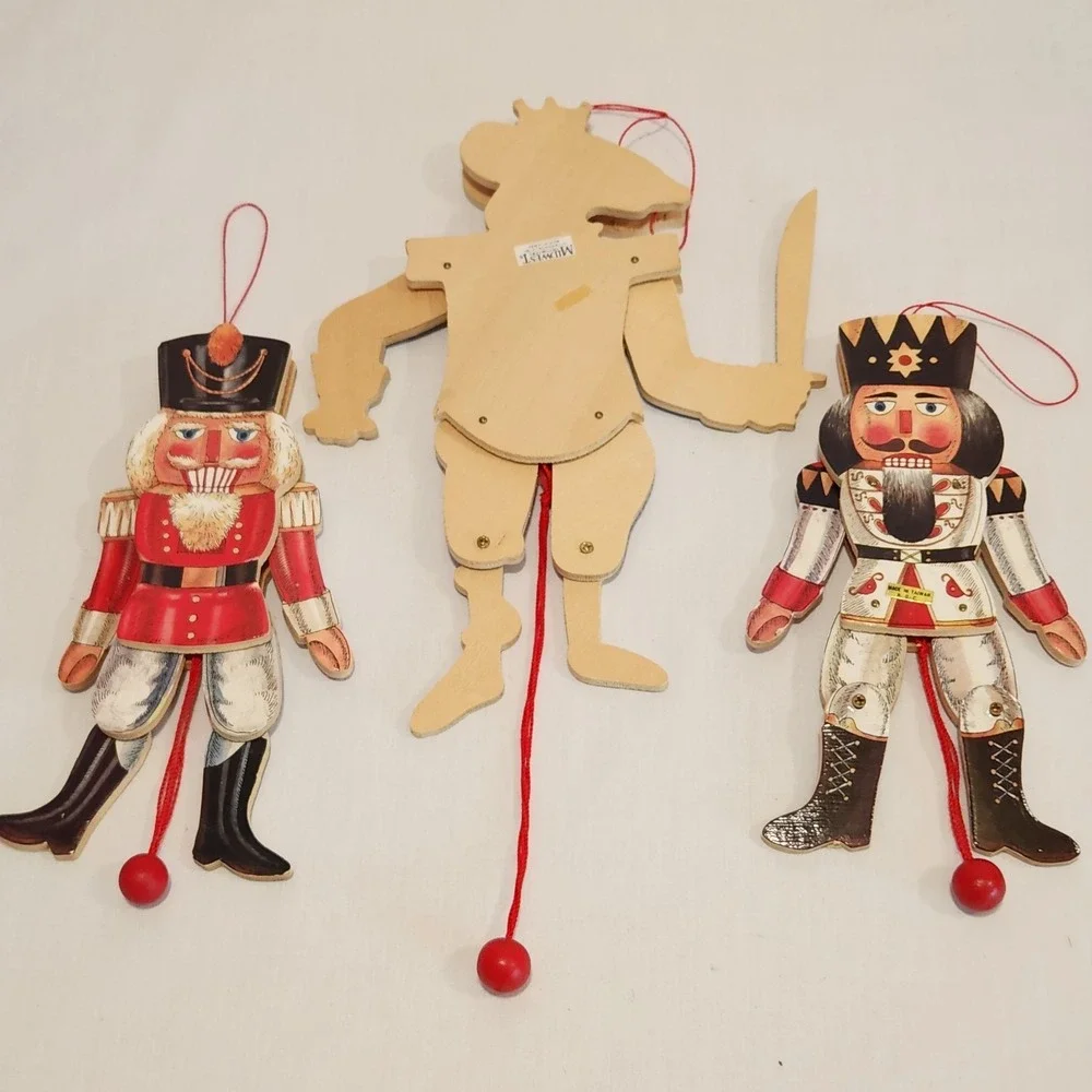 SET OF 3 VTG Jumping Jack Nutcracker‎ Wood Pull String Christmas Ornament 7.5